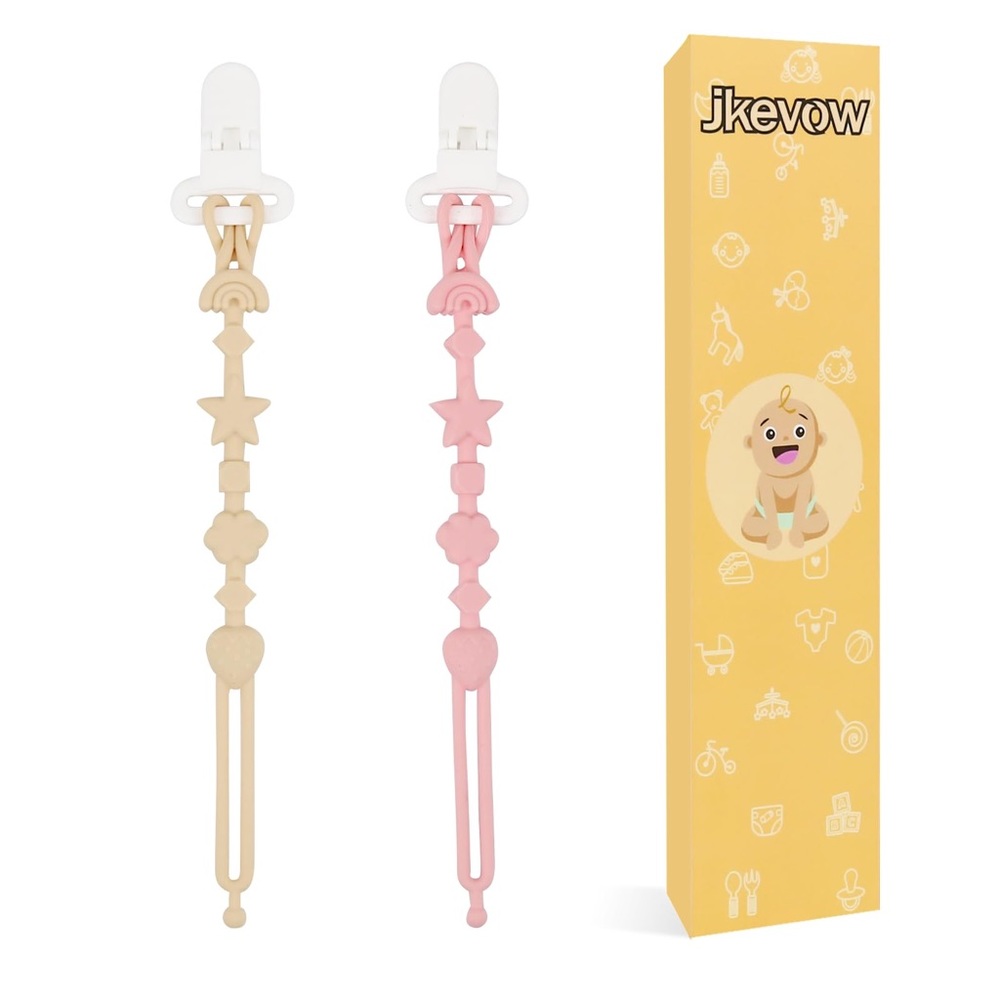 Silicone Pacifier Clip Holder with One Piece Design, Pack of 2 (Pink+Apricot)